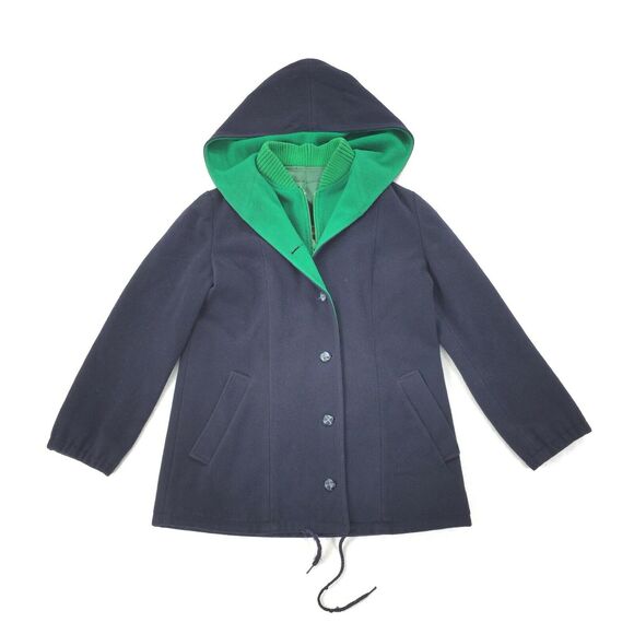 MacKintosh Vestcoat 100% Wool Coat Size Medium Womens Navy Blue Green Hooded - Picture 1 of 12